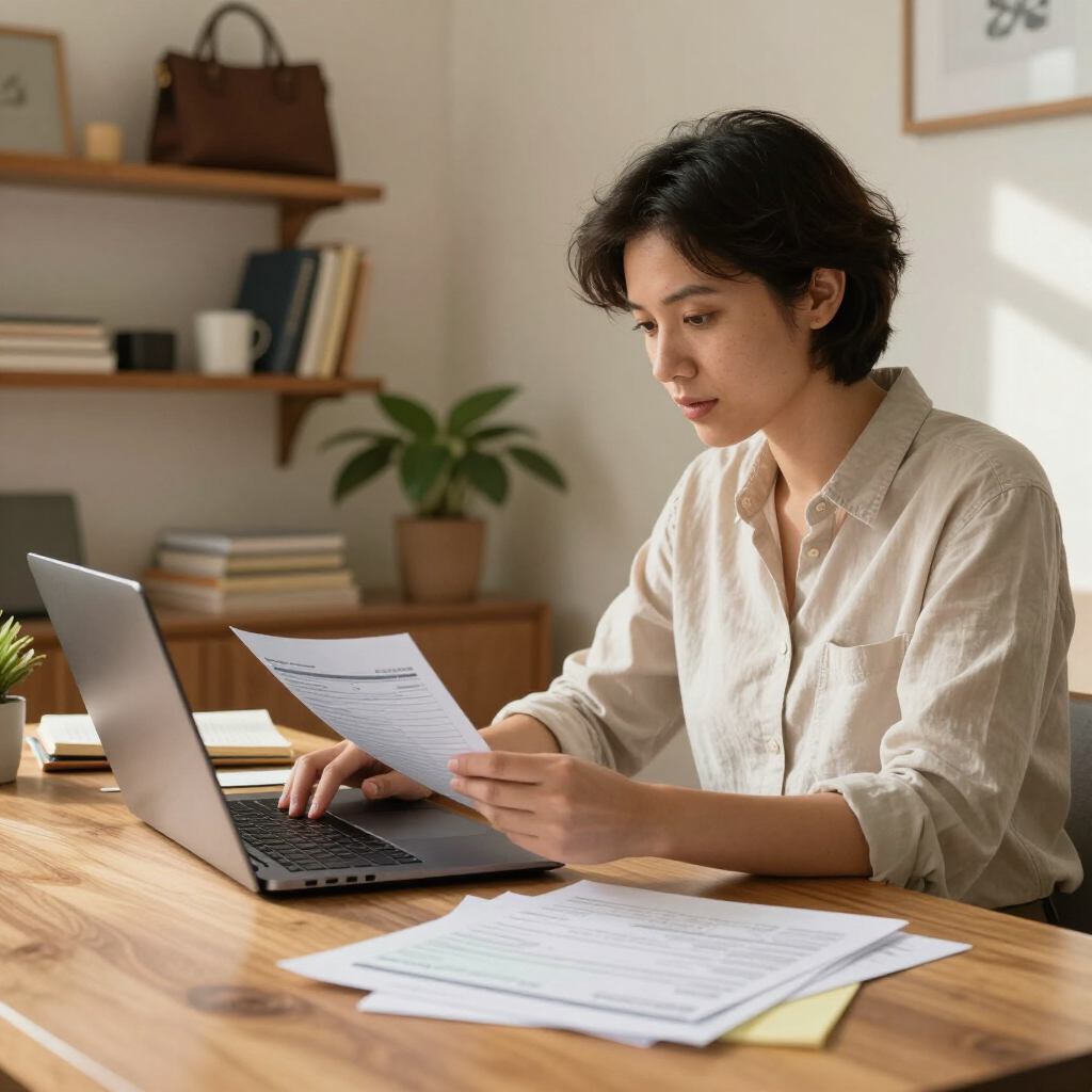A person in a beige shirt sits at a desk, looking at paperwork while typing on a laptop in a home office setting.