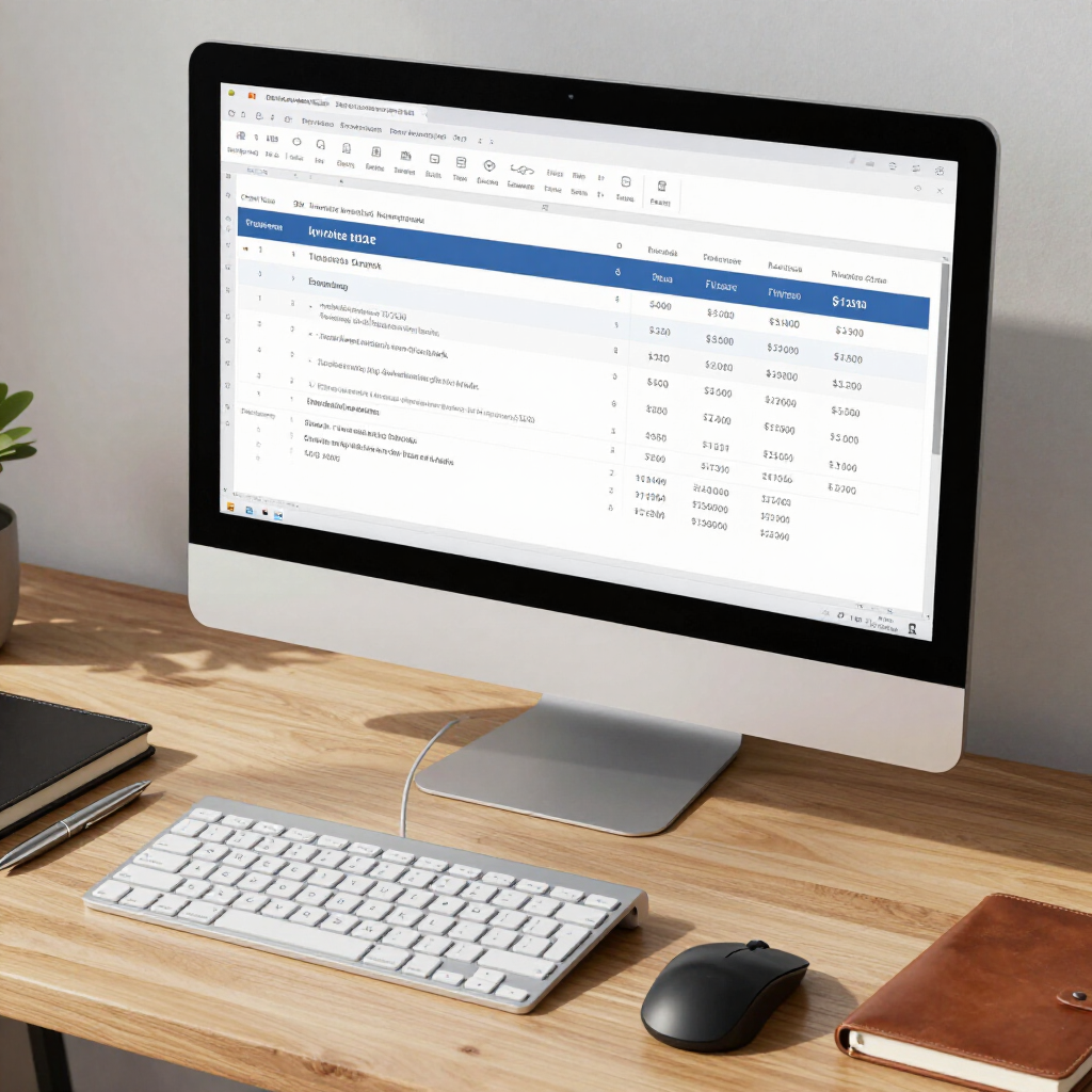 A desktop computer showing a spreadsheet on a wooden desk with a keyboard, mouse, and notebooks.