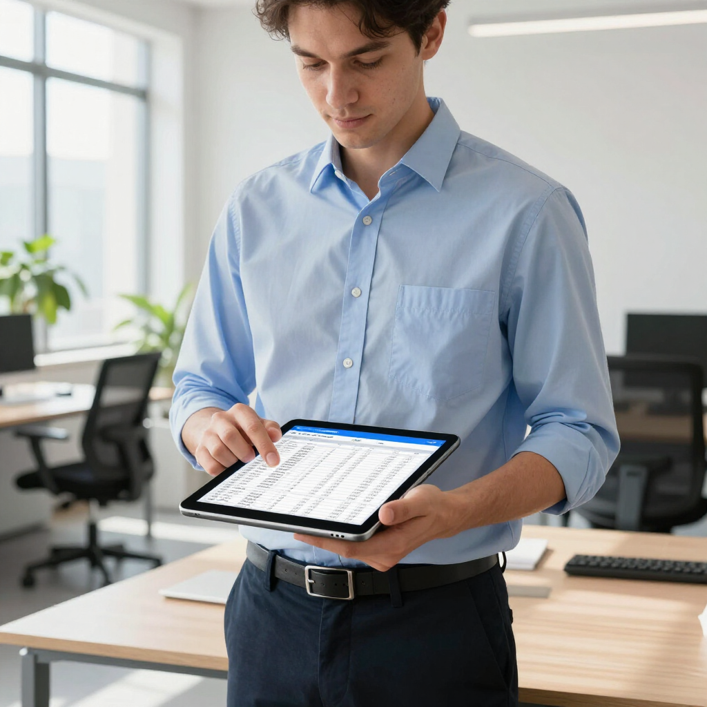 A person in a light blue shirt stands in an office holding a tablet and reviewing data displayed on the screen.