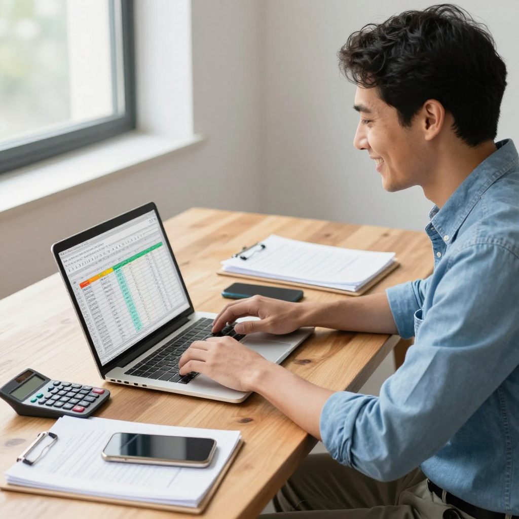 A person in a blue shirt works on a spreadsheet on a laptop at a wooden desk with a calculator and documents.