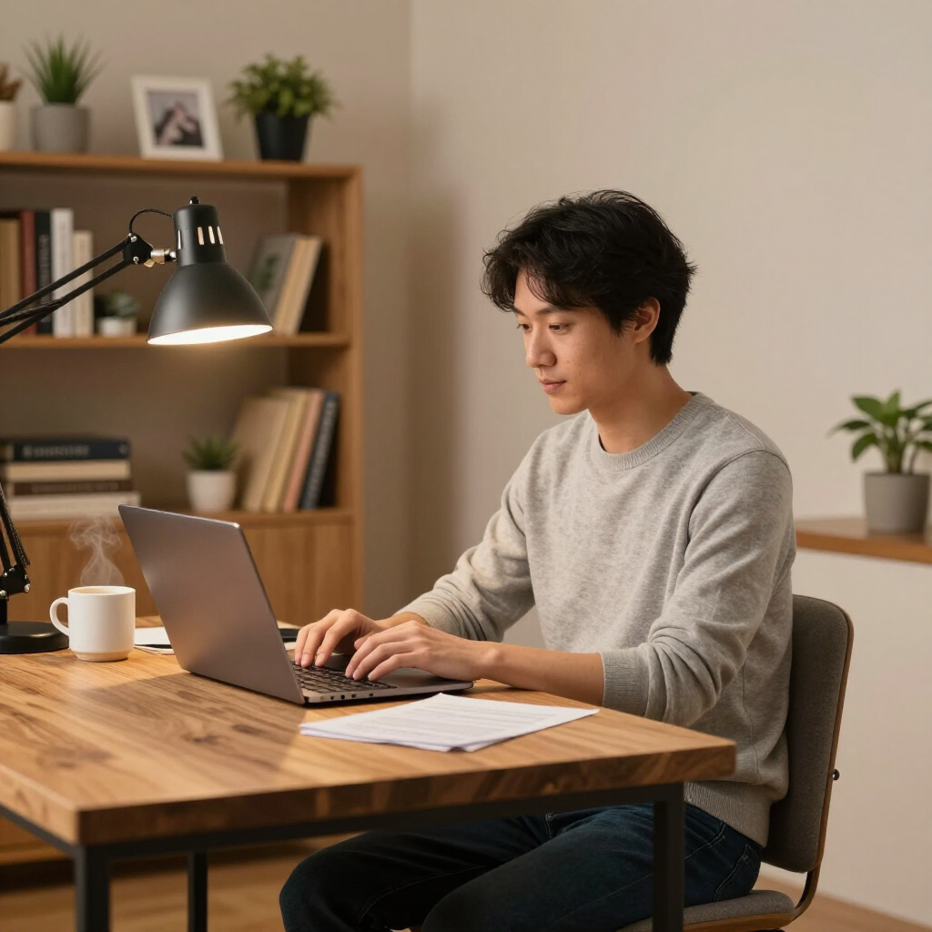 A person in a gray sweater sits at a wooden desk, typing on a laptop with a desk lamp illuminating the workspace.