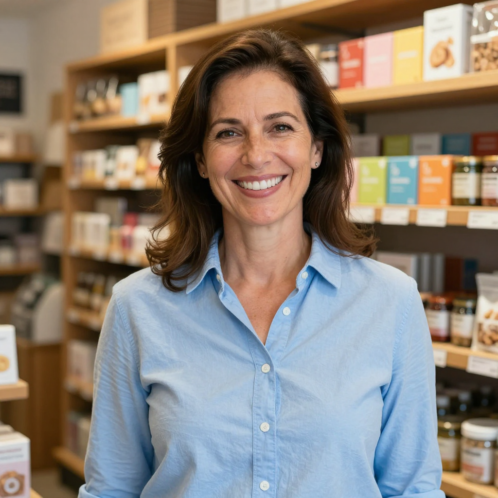 A smiling person in a light blue button-down shirt stands in front of wooden shelves stocked with various retail products.