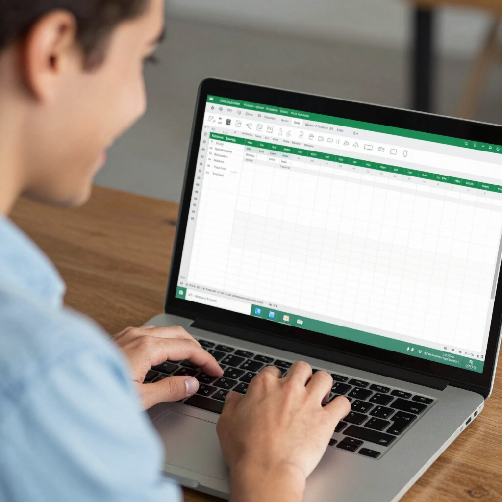 A person sitting at a wooden desk using a laptop with a spreadsheet application open on the screen.