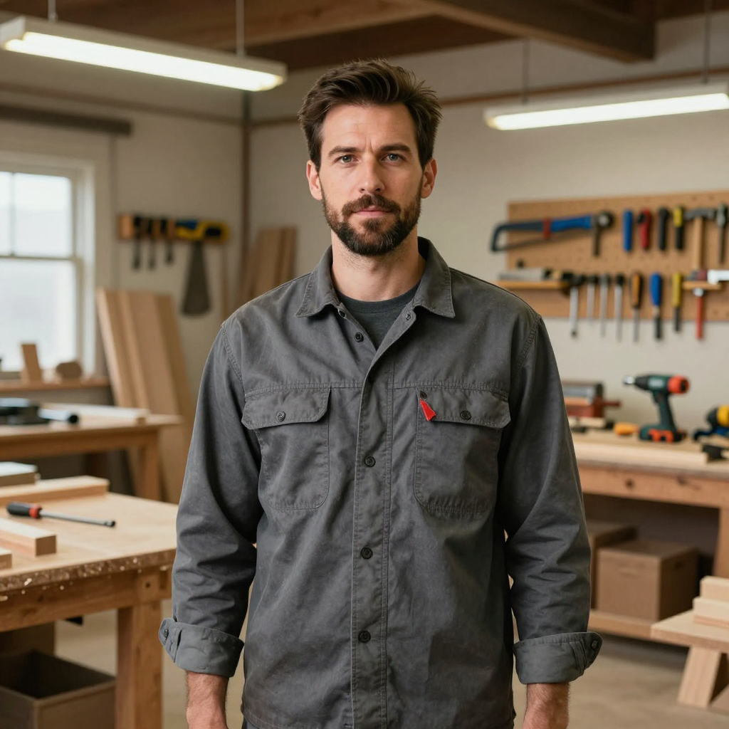A person with a beard stands in a well-lit woodworking shop, wearing a gray collared shirt, surrounded by tools and benches.
