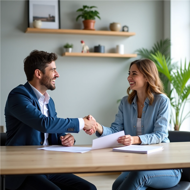 A person in a blue suit and a person in a denim shirt shake hands across a wooden table, both smiling in an office setting.