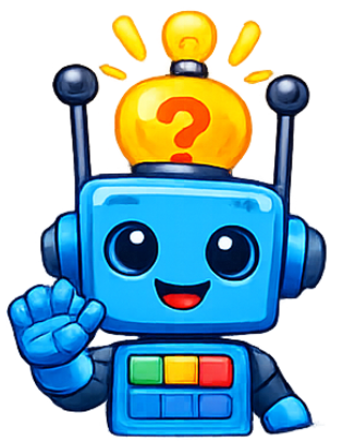 A friendly, blue cartoon robot waving, with a glowing yellow light bulb featuring a red question mark on its head.