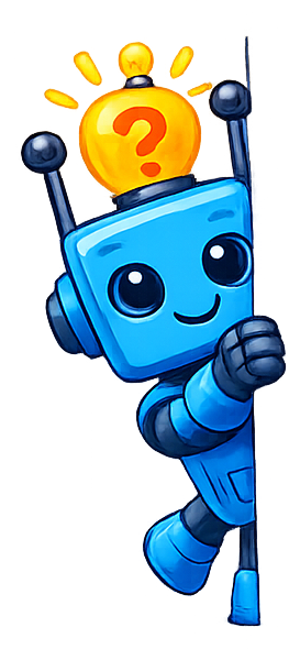 A cute blue cartoon robot with a glowing lightbulb on its head containing a question mark, peeking from behind a wall.