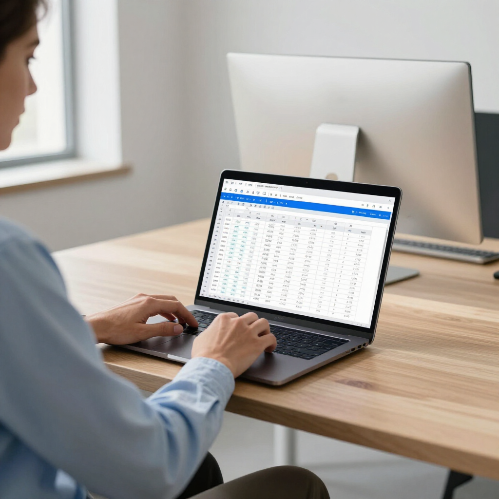 A person in a light blue shirt works on a spreadsheet on a laptop at a wooden desk with a desktop monitor in the background.