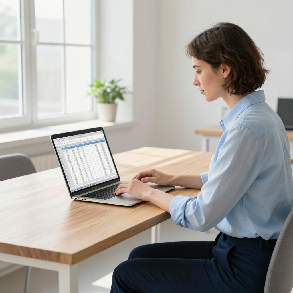 A person in a light blue shirt works on a laptop displaying a spreadsheet at a wooden desk in a bright, modern room.