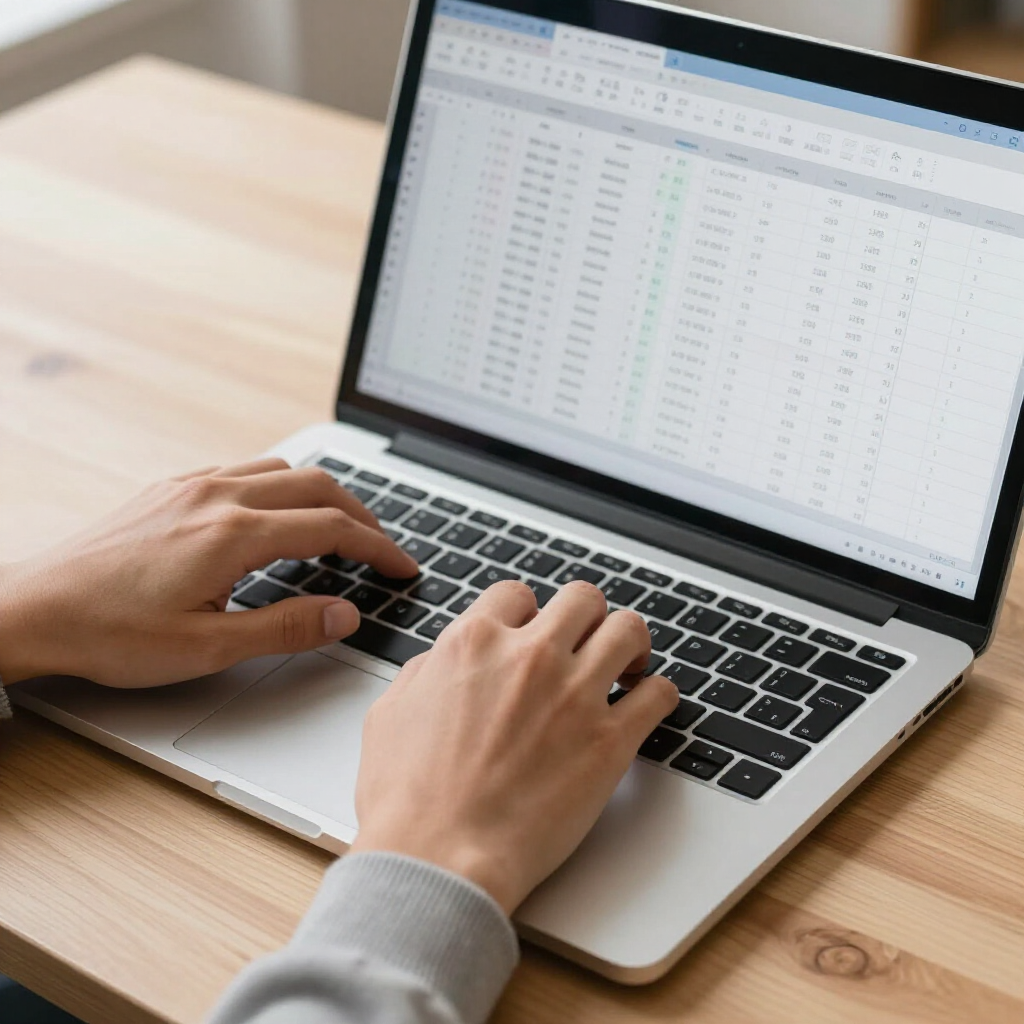 A person types on a laptop keyboard at a wooden desk, displaying a spreadsheet on the screen.