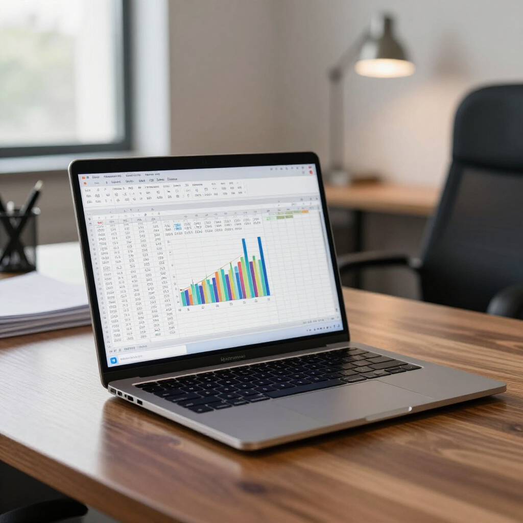 A silver laptop sits on a wooden desk displaying a spreadsheet with a bar chart, with an office chair and lamp in the back.