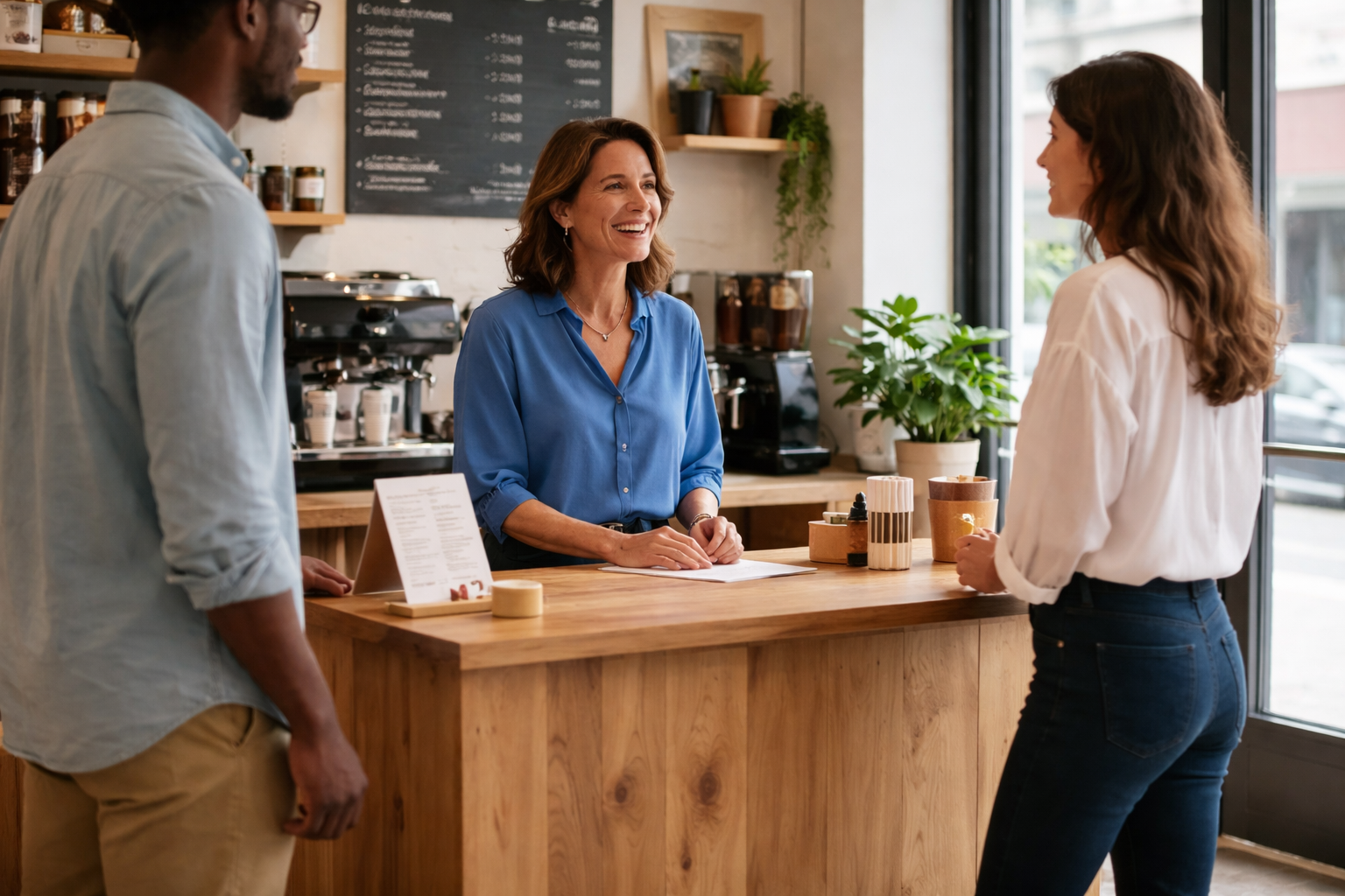 A smiling employee in a blue shirt stands behind a wooden cafe counter, interacting with two customers.