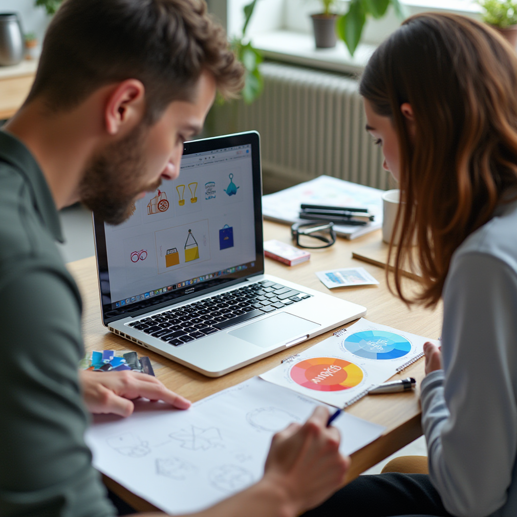 Two people collaborating at a desk, looking at a laptop screen with icons and a color wheel on a sheet of paper.