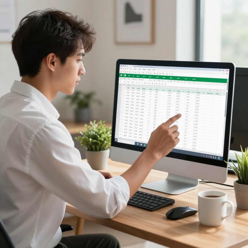 A person in a white shirt points at a spreadsheet on a computer monitor at a wooden desk with plants and a coffee mug.