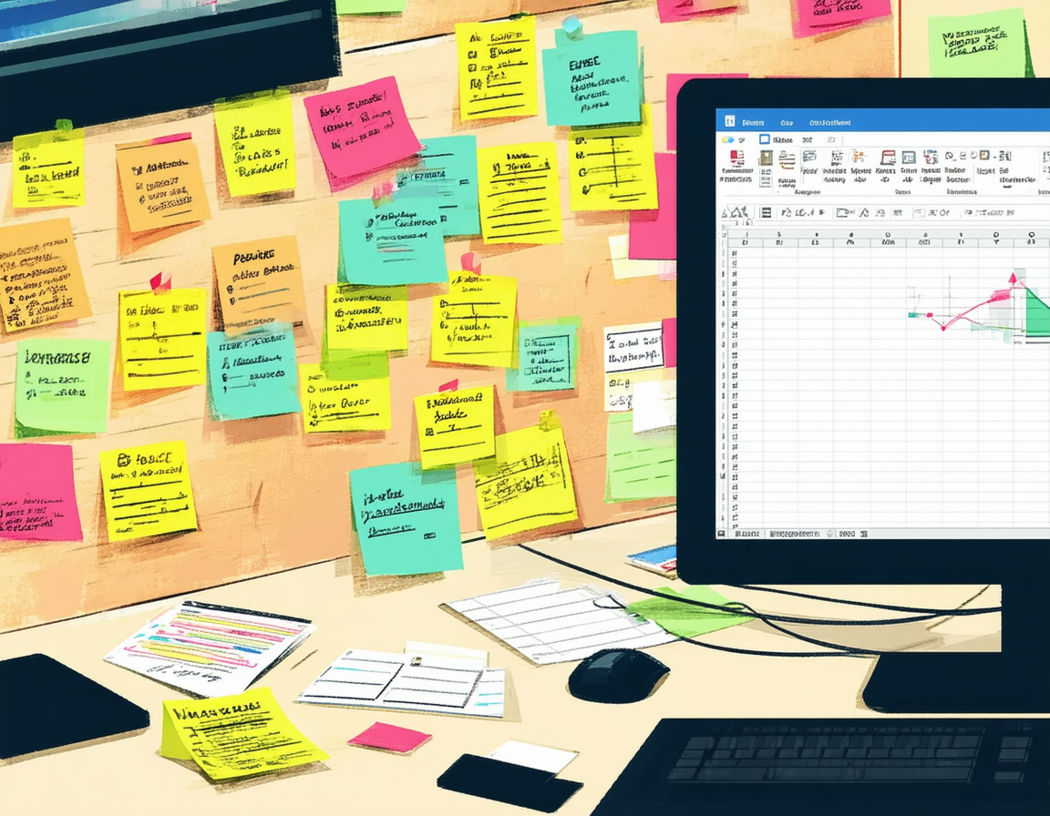 A cluttered office desk featuring a computer monitor displaying a spreadsheet and a wall covered in colorful sticky notes.