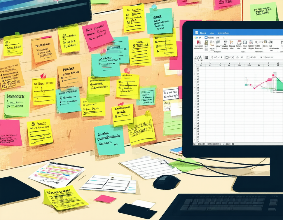 A cluttered office desk featuring a computer monitor displaying a spreadsheet and a wall covered in colorful sticky notes.