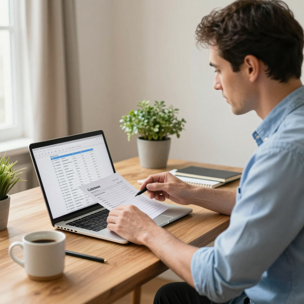 A person in a light blue shirt works at a desk, reviewing a document while using a laptop with a spreadsheet open.