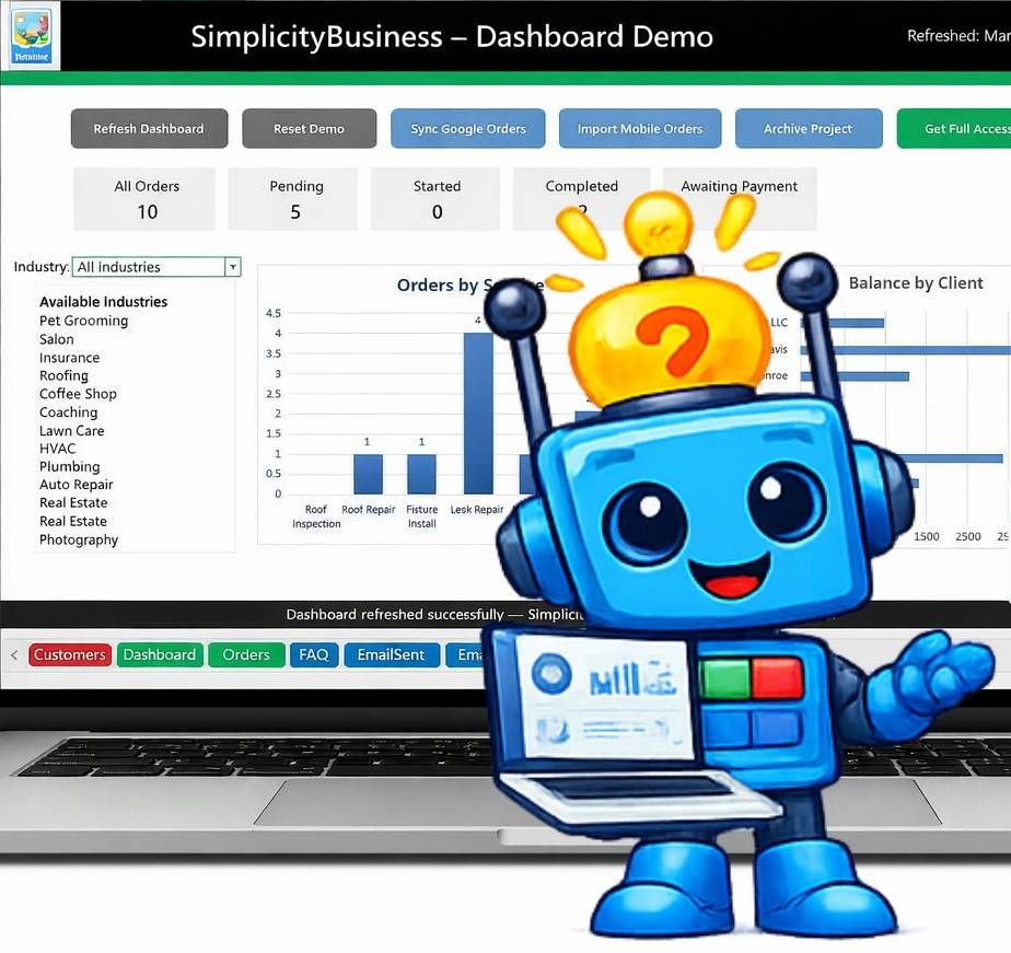 A friendly blue robot stands beside a laptop displaying a SimplicityBusiness dashboard with charts and data.
