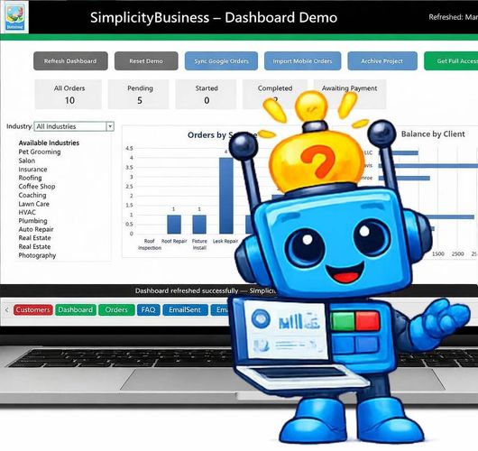 A friendly blue robot stands beside a laptop displaying a SimplicityBusiness dashboard with charts and data.