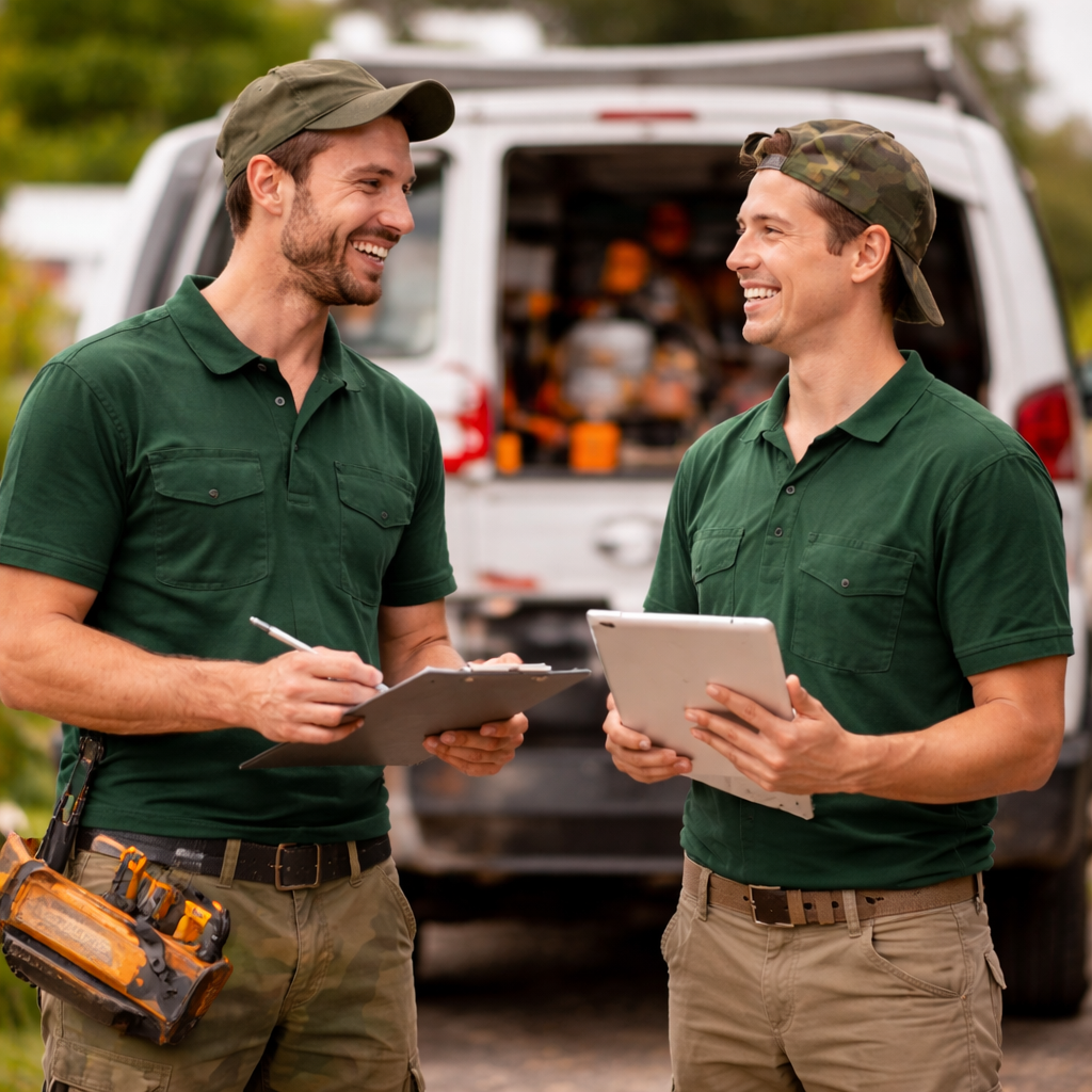 Two smiling technicians in green polo shirts and caps discuss work, one holding a clipboard and the other a tablet.