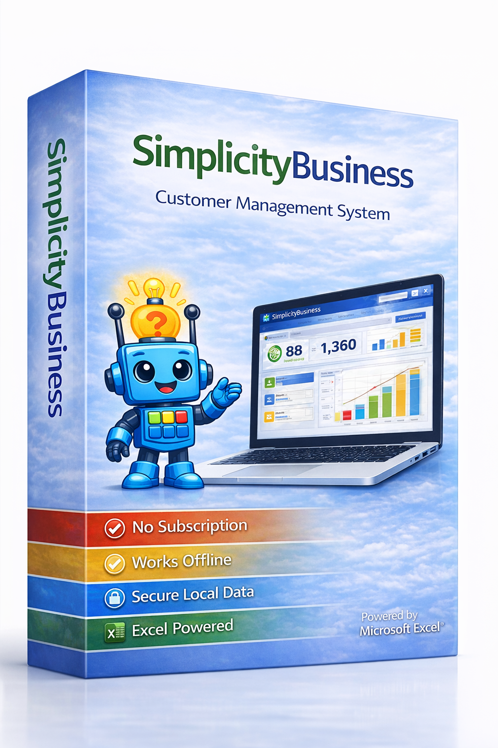 A product box for SimplicityBusiness software featuring a blue robot mascot and a laptop dashboard on a blue sky background.