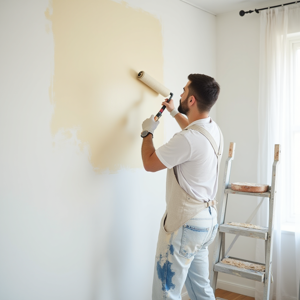 A painter in overalls uses a roller to apply light yellow paint to a white interior wall near a step ladder and curtains.
