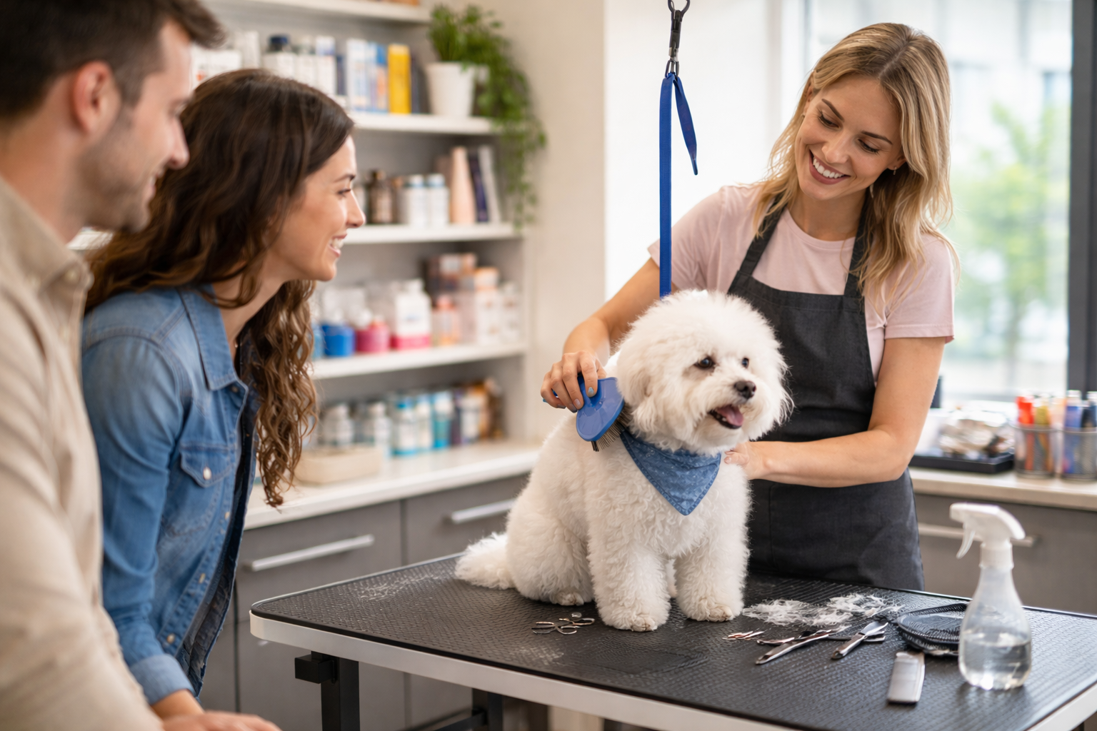 A groomer brushes a white dog on a table while two customers look on in a grooming shop.