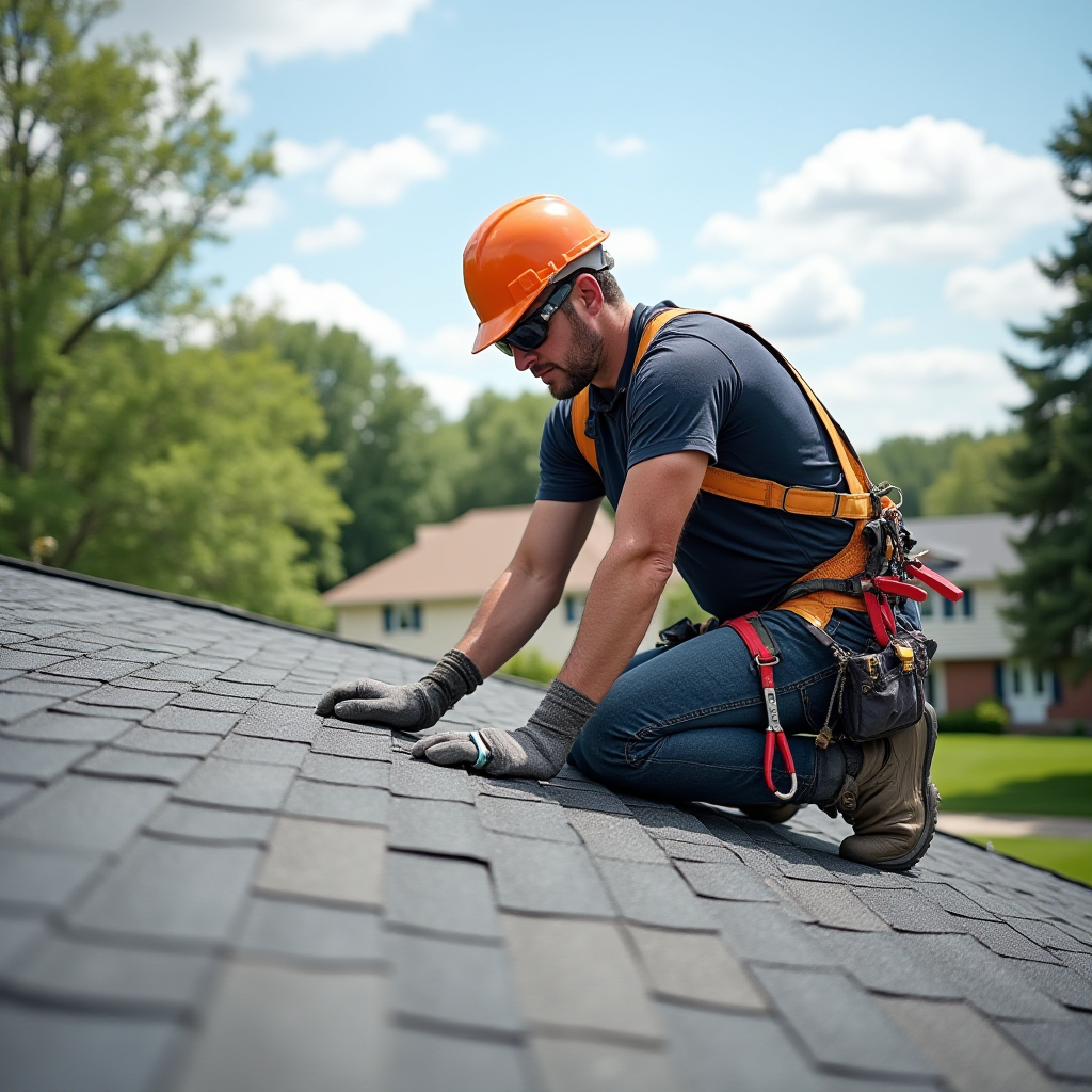A roofer in a hard hat and safety harness kneels on a shingled roof, inspecting the shingles during the day.