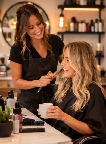 A stylist applying product to a client's hair in a salon while the client holds a mug and smiles.