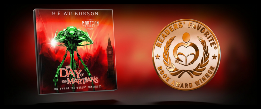 E-reader device showing book cover for The Martian Diaries volume 1, with  a green Martian tripod in front of Big Ben clock tower and a flame coloured background.