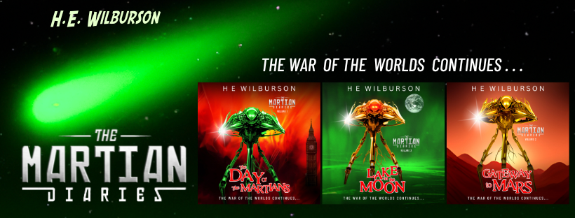 Three square audiobook covers in predominantly green, red, gold and orange for The Martian Diaries sequel to The War Of The Worlds, with a green comet streaking across the black background