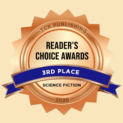 Gold coloured rosette with black lettering depicting Reader's Choice 3rd place award 2020