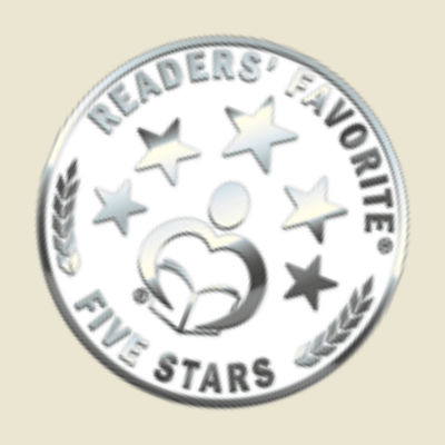 Circular white medal with silver lettering depicting Readers Favorite 5 stars