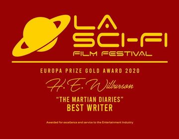 Yellow lettering against a reddish brown bcground depicting the L.A. Sci-Fi Film Festival Awards 2020 - Gold award for Best Writer