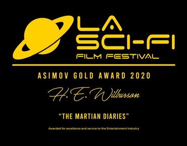 Yellow lettering against a black background depicting the L.A. Film Festival Awards - Asimov Gold Award 2020 for The Martian Diaries