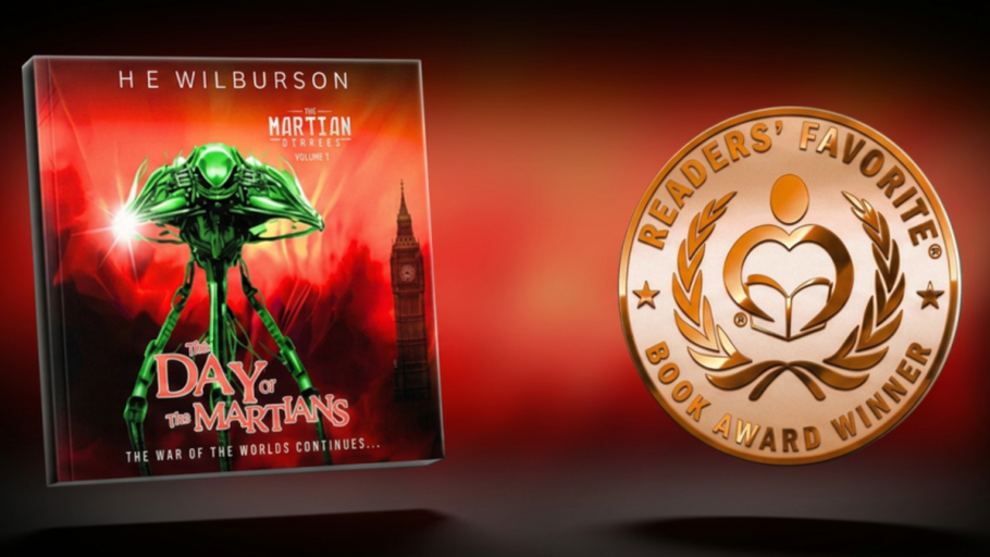 E-reader device showing book cover for The Martian Diaries volume 1, with a green Martian tripod in front of Big Ben clock tower and a flame coloured background.