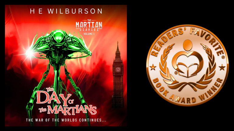 E-reader device showing book cover for The Martian Diaries volume 1, with  a green Martian tripod in front of Big Ben clock tower and a flame coloured background.