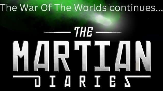 Three square audiobook covers in predominantly green, red, gold and orange for The Martian Diaries sequel to The War Of The Worlds, with a green comet streaking across the black background