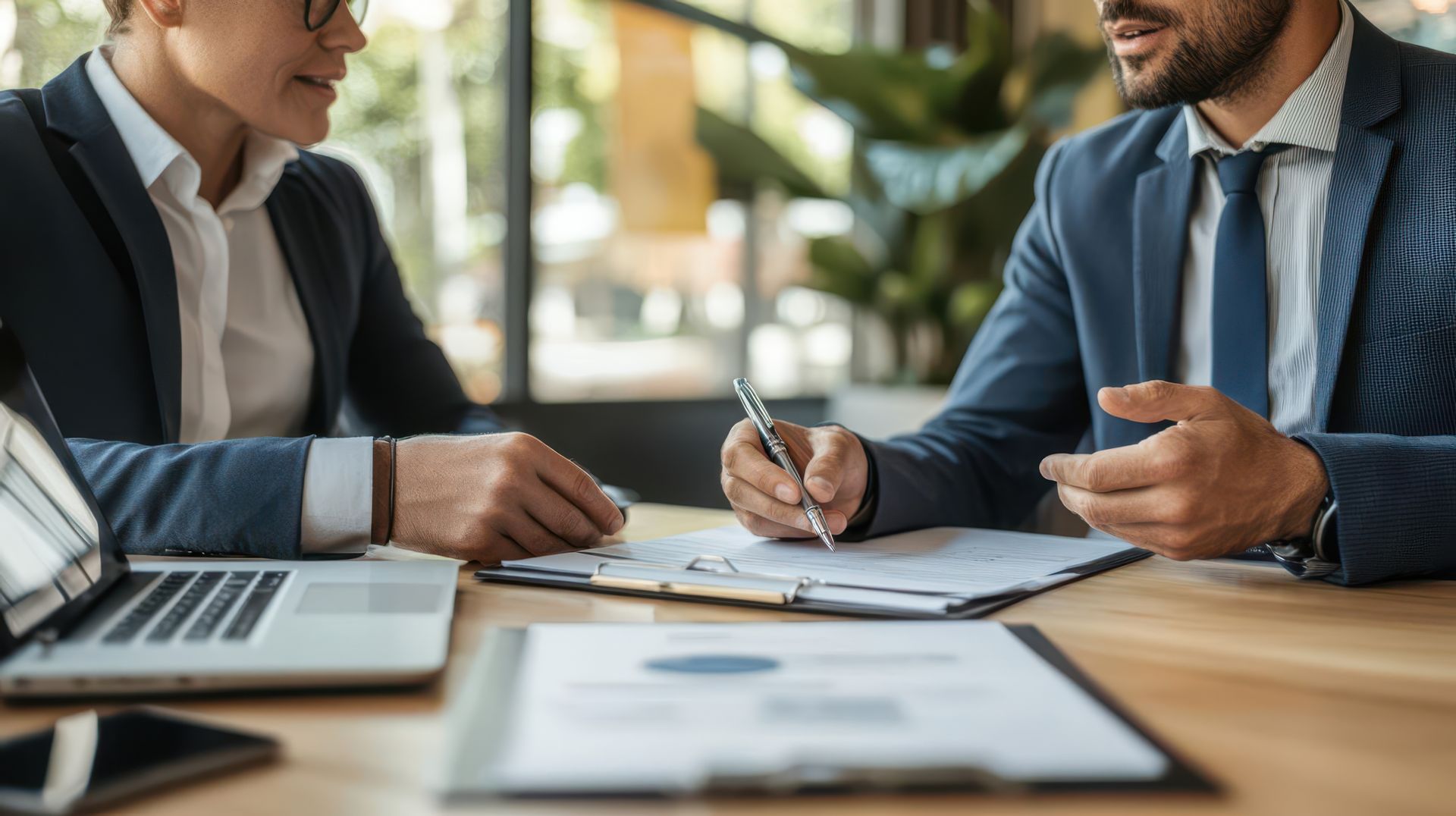 A financial consultant explaining a loan program to a client while signing official paperwork.