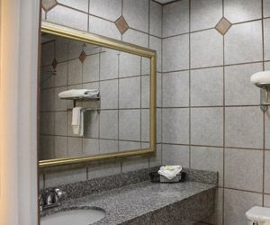 A bathroom with a sink a toilet and a mirror.