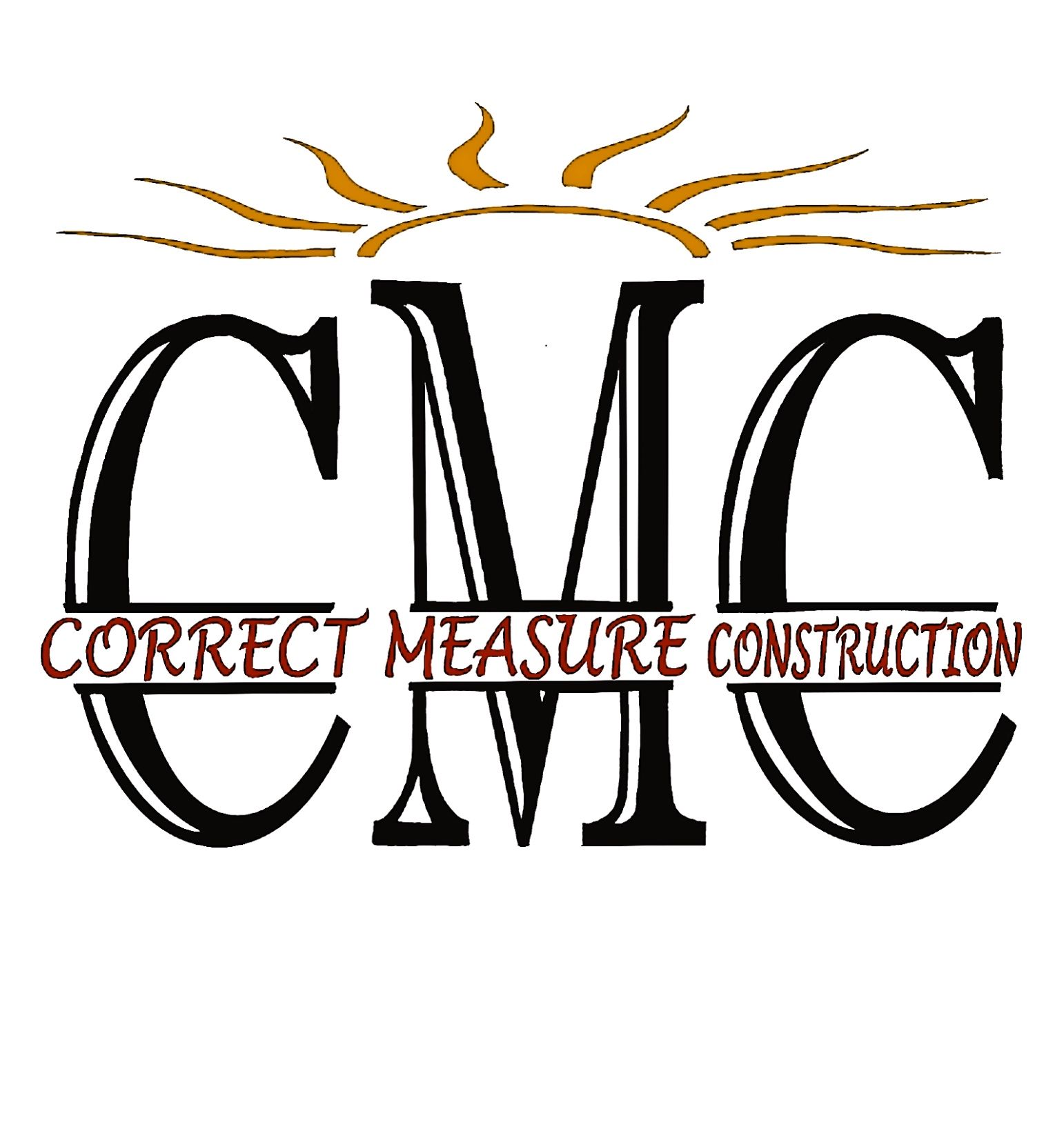 A logo for correct measure construction with a sun in the background