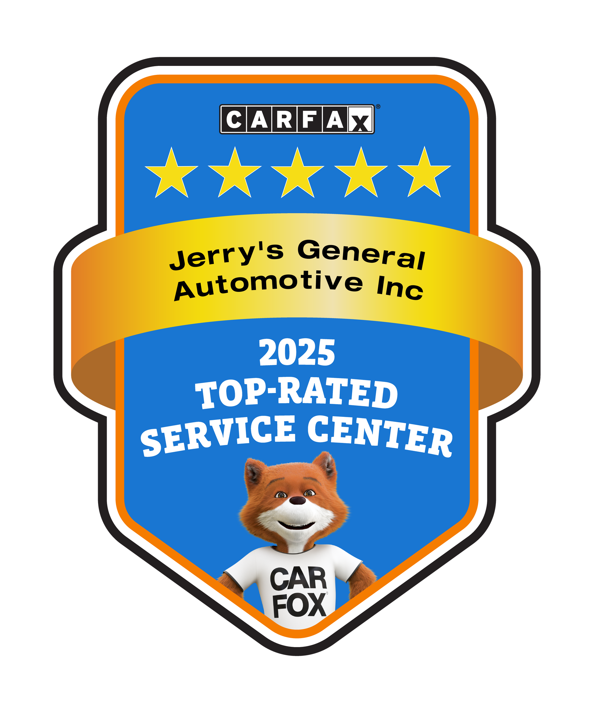 A 2025 CARFAX Top-Rated Service Center award badge for Jerry's General Automotive Inc. featuring the Carfax fox mascot.