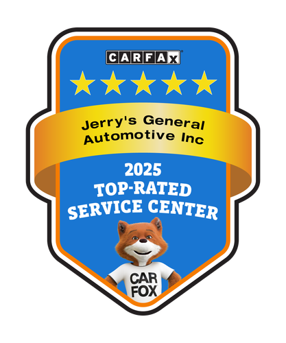 A 2025 CARFAX Top-Rated Service Center award badge for Jerry's General Automotive Inc. featuring the Carfax fox mascot.