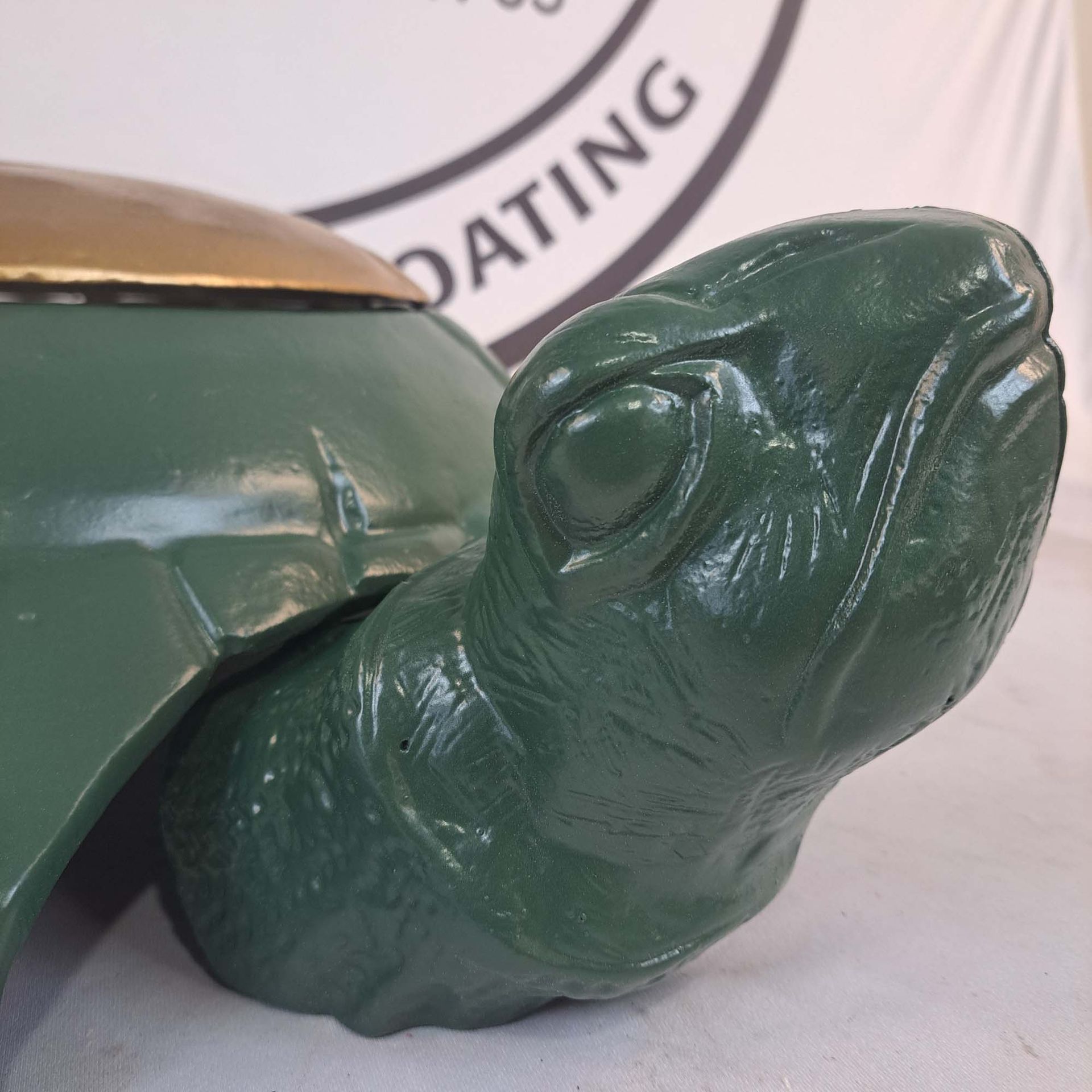 A green turtle is sitting in front of a sign that says dating