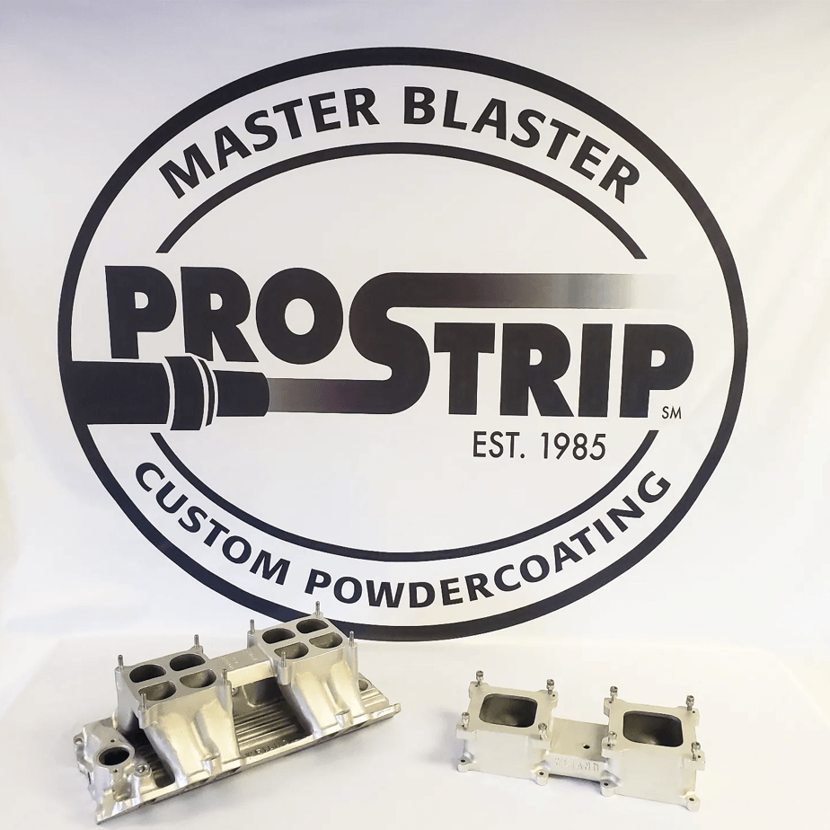 A logo for master blaster prostrip custom powder coating