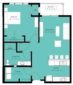 A floor plan of a house with a bedroom , living room , and kitchen.