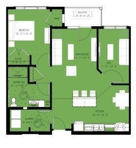 A floor plan of a house with two bedrooms and a balcony.