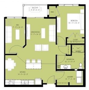 A floor plan of a two bedroom apartment with a balcony