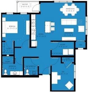 A blue and white floor plan of a house with a balcony.