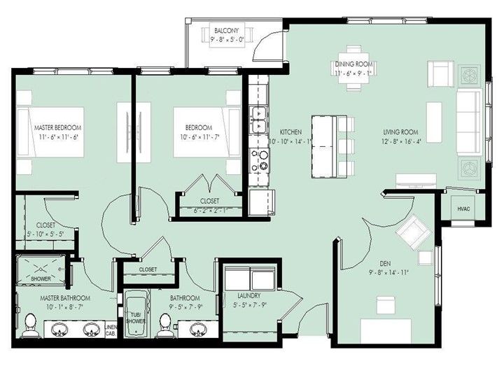 A floor plan of a house with three bedrooms and a balcony.